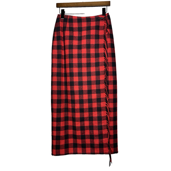 90s Liz Claiborne Maxi Blanket Wrap Skirt 4 Wool Blend Buffalo Plaid Red Fringe - Picture 1 of 8